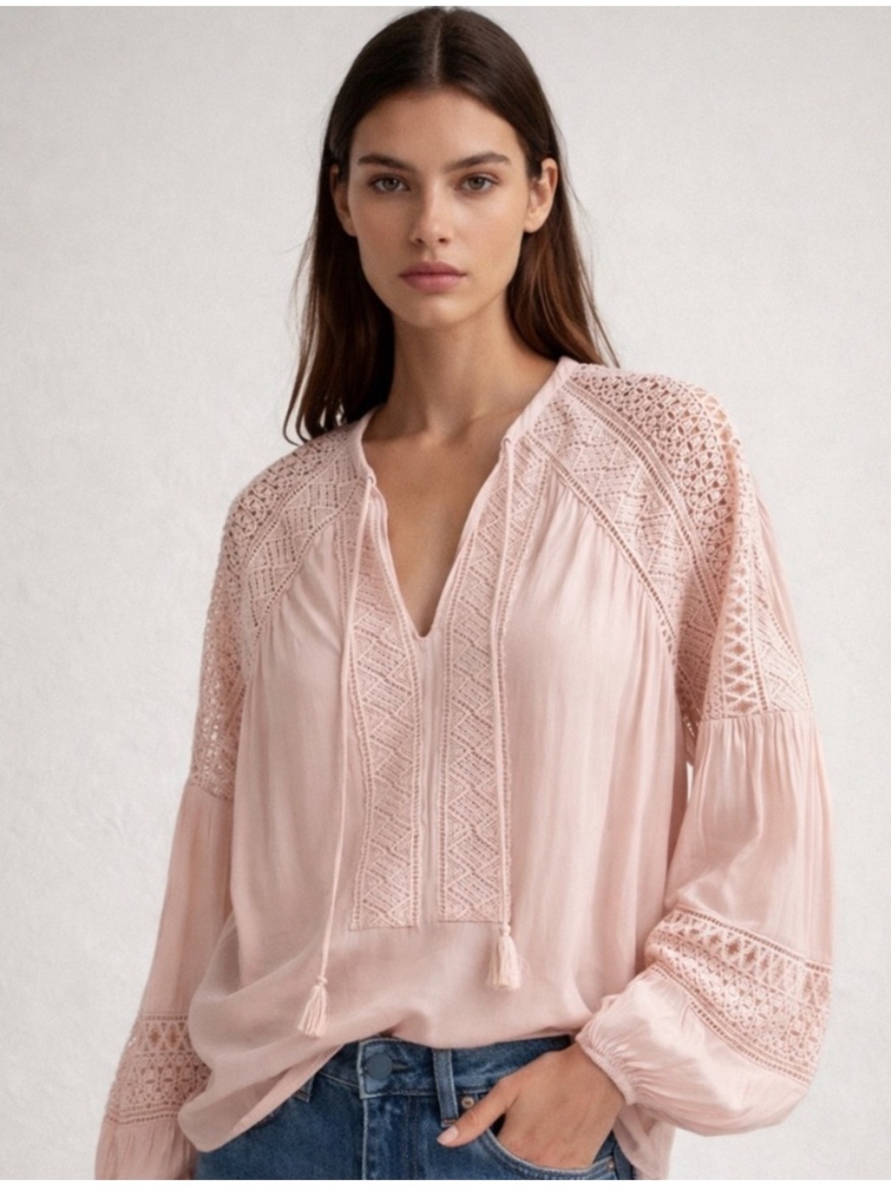 Ramy Brook Winnie Embroidered Lace Panel Blouse in Blush Pink